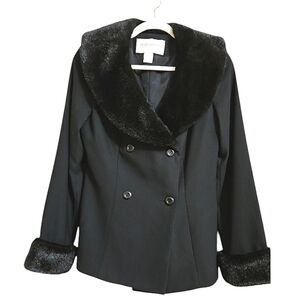 HUGO BUSCATI Black Faux fur trim peacoat. Size 6